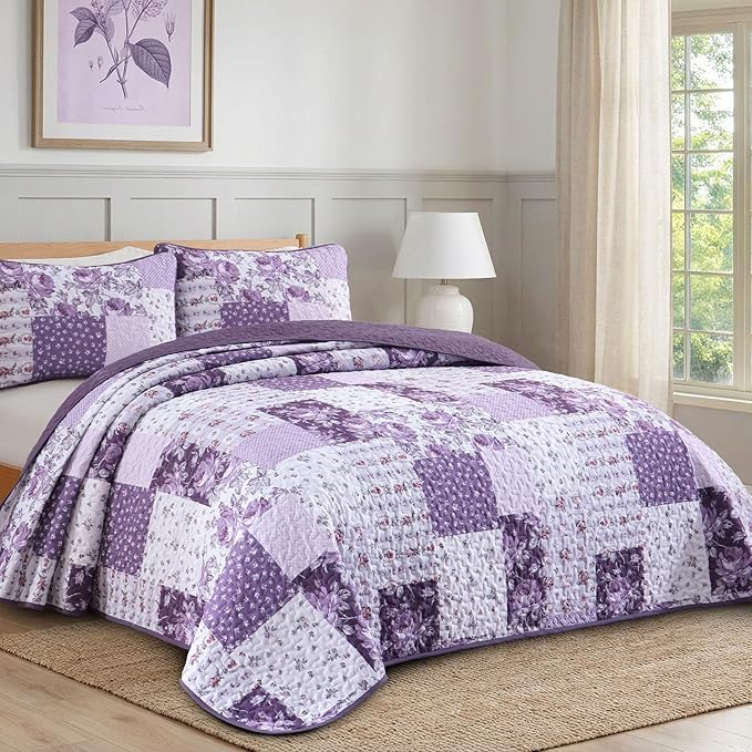 Purple Quilt Set King Size, Boho Floral Plaid Bedspread Coverlet Set, Patchwork Quilt Bedding Set, Farmhouse Soft Lighweight Bedspread Set for All Season