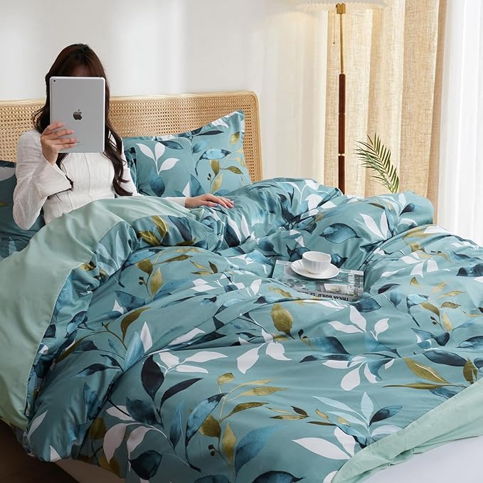 PHF Ultra Soft Floral Duvet Cover Twin Size, Printed Bedding Set 2 Pieces, Comfy Farmhouse Pattern Duvet Cover Set with 1 Pillow Shams, Zipper Closure and 6 Ties, 68"x90", Sage Green Botanical