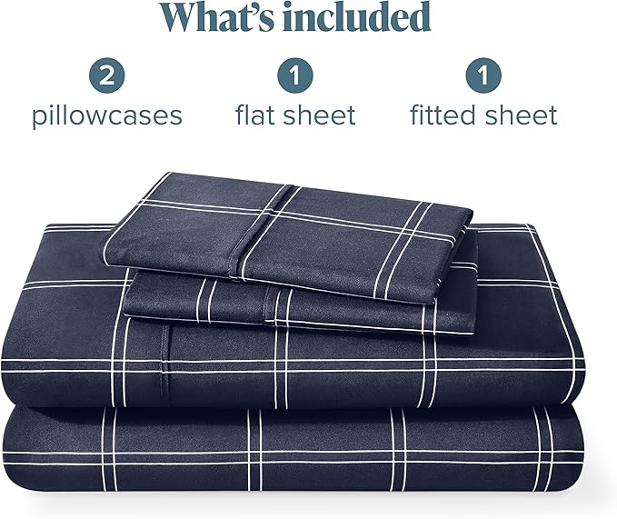 Bare Home King Sheet Set - Luxury 1800 Ultra-Soft Microfiber Double Brushed - Deep Pockets - Easy Fit - 4 Piece Set (King, Modern Plaid - Midnight/White)