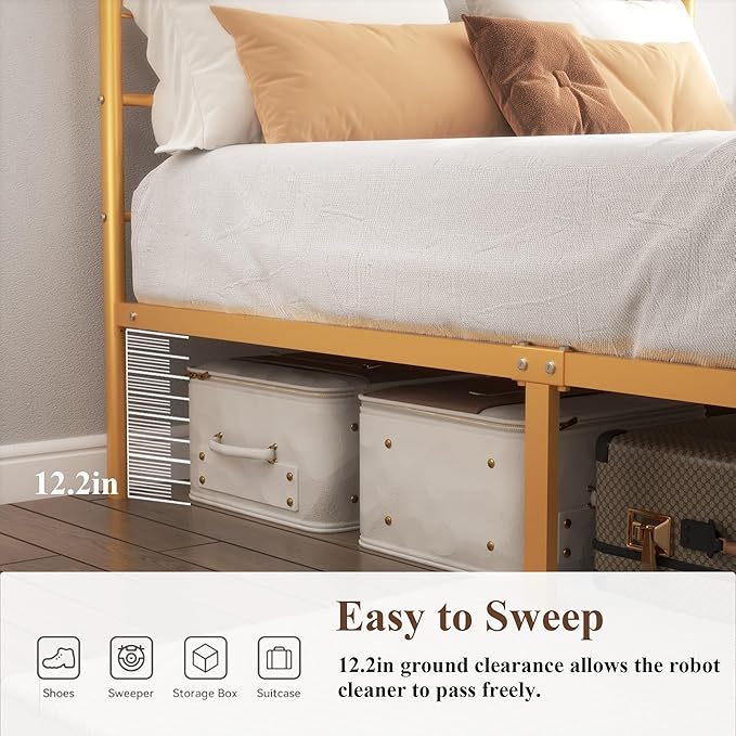 Modern Queen Canopy Bed Sturdy Metal Slats Easy Assembly – 1000lbs Capacity, Ideal for Small Spaces & Rentals, No Box Spring Needed