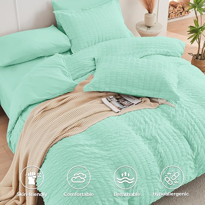HYMOKEGE Mint Green King Size Comforter Set Seersucker 7 Pieces, All Season Luxury Bed in a Bag for Bedroom, Bedding Set with Comforter, Sheets, Pillowcases & Shams