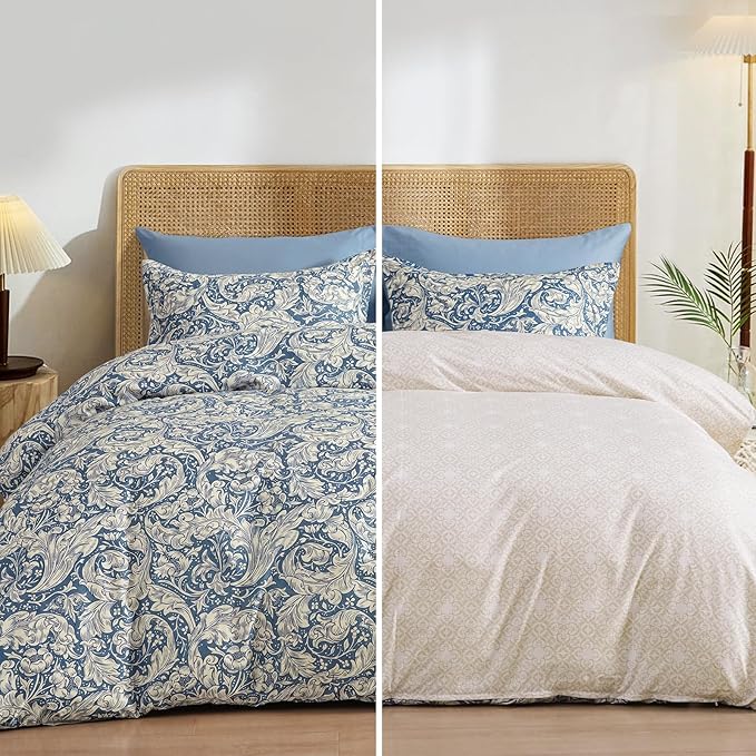 PHF Ultra Soft Floral Duvet Cover King Size, Revisible Boho Printed Vintage Bedding Set 3 Pieces, Comfy Durable Morris Garden Duvet Cover Set with 2 Pillow Shams, Zipper Closure and 8 Ties, 104"x90"