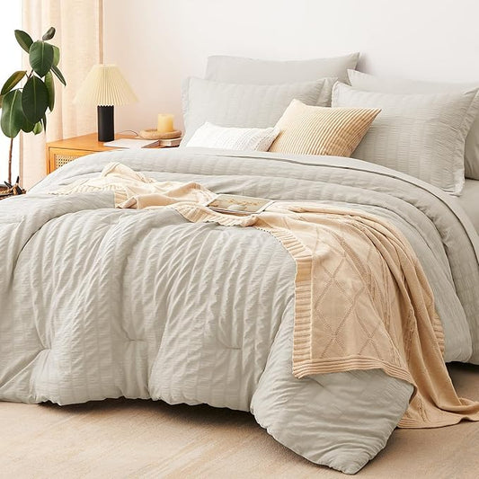 CozyLux Full Size Comforter Sets with Sheets Seersucker 7 Pieces Oatmeal Bed in a Bag Textured Luxury Soft Bedding Set with Down Alternative Comforter, Sheets, Pillowcases & Shams for All Seasons