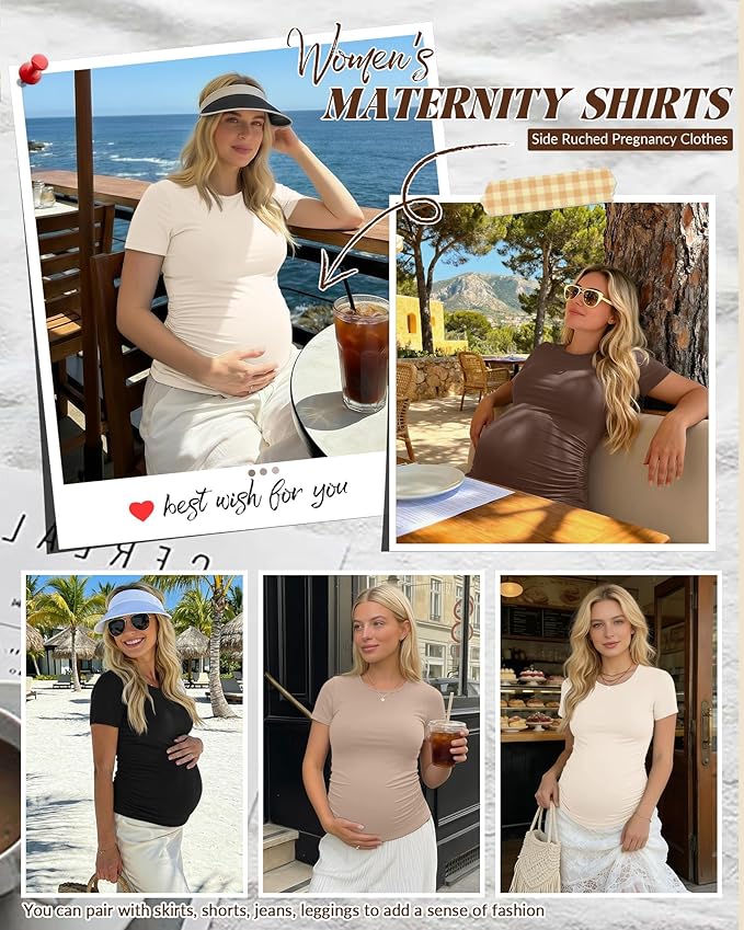 Huukeay 4 Pack Women's Maternity Shirts, Crew Neck Maternity Top Short Sleeve Casual Cotton Tee Side Ruched Pregnancy Clothes