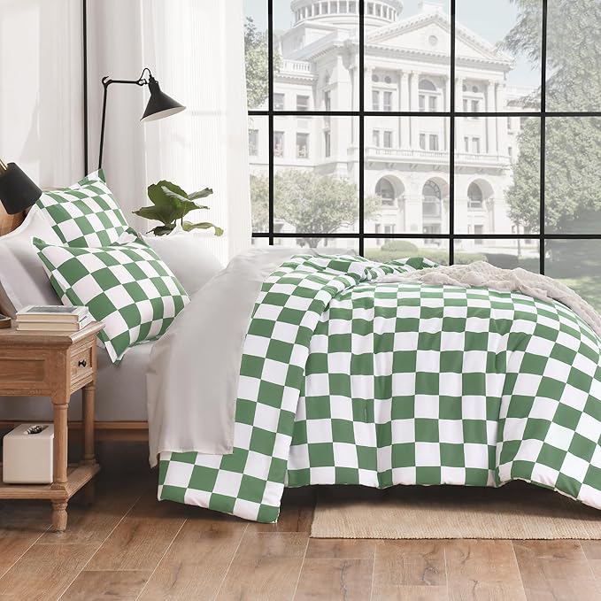 Andency Green Checkered Comforter Queen(90x90Inch), Plaid Gingham Buffalo Grid Bedding Comforter Sets for Boys Kids Teens, 3 Pieces Lightweight Microfiber Geometric Preppy Bed Set