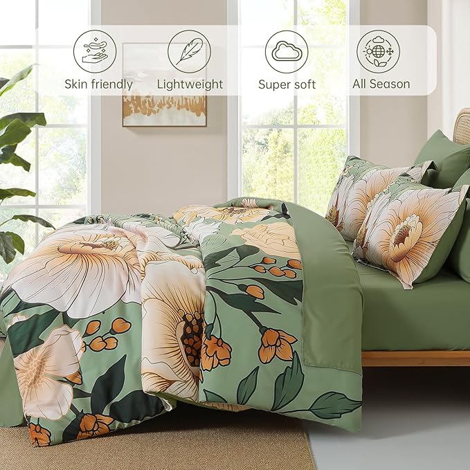 Xruibed King Comforter Set 7 Pieces Green Floral Comforter Set King Size Bed in a Bag Flower Bedding Sets Lightweight Boho Bed Set with Sheet,Pillowcases&Shams for All Season