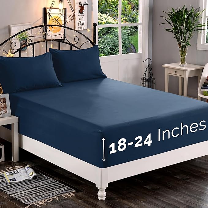 Elegant Comfort 1500 Premium Quality Fitted Sheet Ultra Soft 18-24 Inch Extra Deep Pocket - Single Fitted Sheet for High Mattress - Wrinkle Free with Smart Storage Pockets, Full, Navy Blue