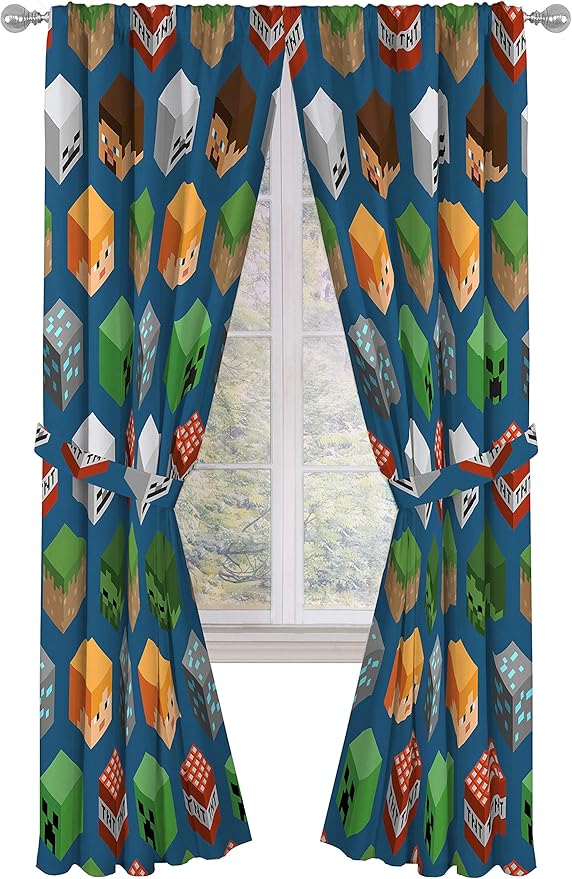 Jay Franco Minecraft Isometric Blue 84" Inch Drapes 4 Piece Set - Beautiful Room Décor & Easy Set Up, Bedding Features Creeper - Window Curtains Include 2 Panels & 2 Tiebacks