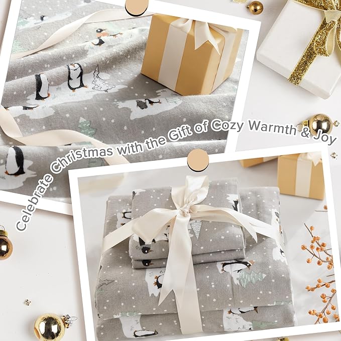 True North by Sleep Philosophy Cozy Flannel Warm 100% Cotton Sheet - Novelty Print Animals Stars Cute Ultra Soft Cold Weather Bedding Set, Queen, Grey Penguins