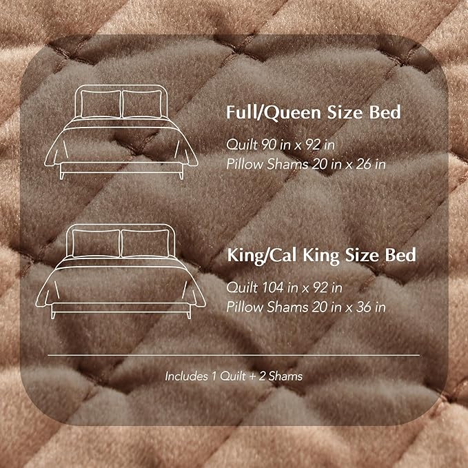 EVERGRACE Luxury Velvet Quilt Set Queen Size 3 Piece, Soft Cross-Stitch Velvet Comforter Set with Pillow Shams, Lightweight Coverlet Bedspread Bedding Set for All Seasons, Tobacco Brown
