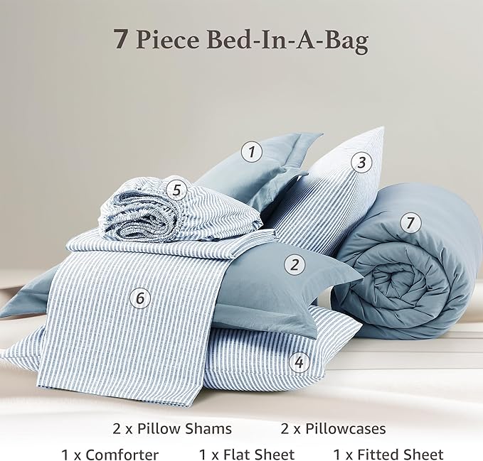 Monbix Full Size Comforter Set - 7 Pieces Dusty Blue Prewashed Bed in a Bag Full Bedding Sets with Comforters, All Seasons Ultra Soft Comforter Bed Set with Sheets,Pillowcases & Shams