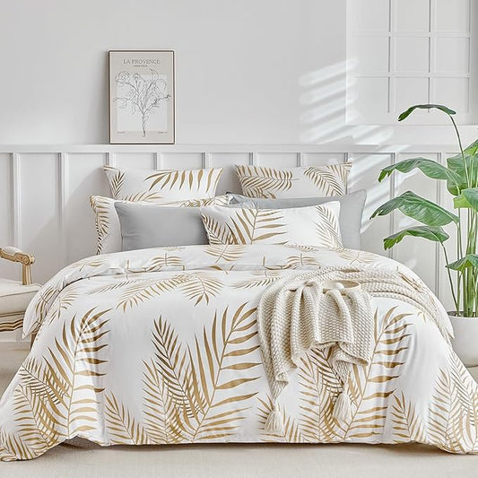 Lekesky Queen Duvet Cover Set, White and Gold Tropical Palm Leaf Pattern Comforter Cover Queen Size, 3 Pieces Soft Microfiber Bedding Sets with Zipper & 2 Pillowcases, Comforter Not Included