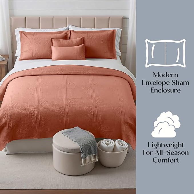 Hearth & Harbor Twin Quilt Set – All-Season Lightweight Bedspread & Coverlet with Pinsonic Weave - 5 Piece Twin Quilt Set with Pillow Shams, Bali Blush - Twin Grid