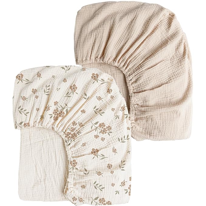 Konssy Muslin Crib Sheets for Girl Boy, 2 PCS Soft and Breathable Cotton Baby Sheets for Standard Crib Mattress, 52"x 28" (Blossom, Cream)