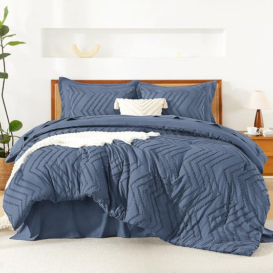Litanika Full Size Comforter Set with Sheets Ocean Blue - 7 Pieces Bed in a Bag Full Chevron Tufted Complete Bedding Sets with Comforter, Sheets, Pillowcases & Shams