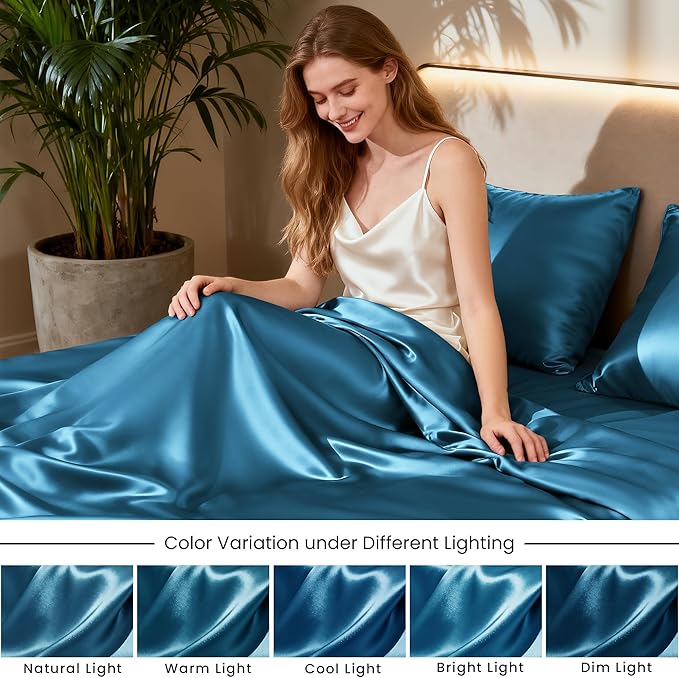 Love's cabin Twin XL Satin Sheet Sets - 3 Piece Teal Silky Bed Sheets with Deep Pockets, Luxury Silk Feel Satin Sheet Set Twin XL (1 Flat Sheet,1 Fitted Sheet,1 Pillow case)