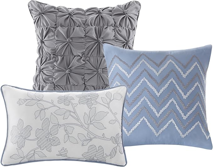 Madison Park Luna Quilt Modern Classic Design All Season, Breathable Coverlet Lightweight Bedding Set, Matching Shams, Decorative Pillow, Full/Queen(90"x90"), Floral Blue 6 Piece