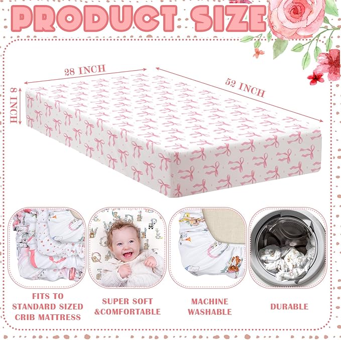 Peryiter 4 Pack Crib Sheets Girl Soft Baby Bed Sheet Set 52'' x 28" Nursery Crib Sheets for Standard Bed for Nursery Decor Baby Boys or Girls(Pink,Coquette Bow)