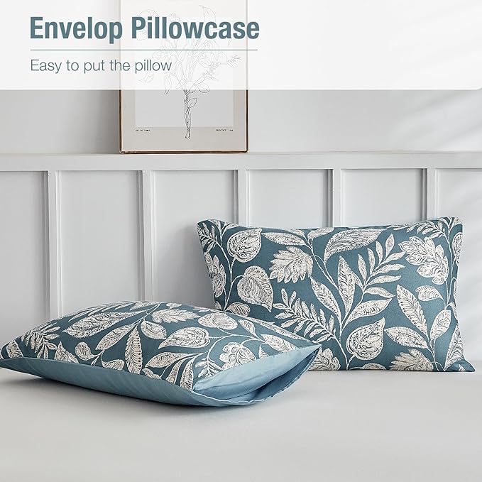 Lekesky Duvet Cover King Size, Reversible Teal Blue Floral Comforter Cover Set King Size 3pc, Soft 100% Washed Microfiber Breathable Bedding Sets with Zipper Ties and 2 Pillowcases