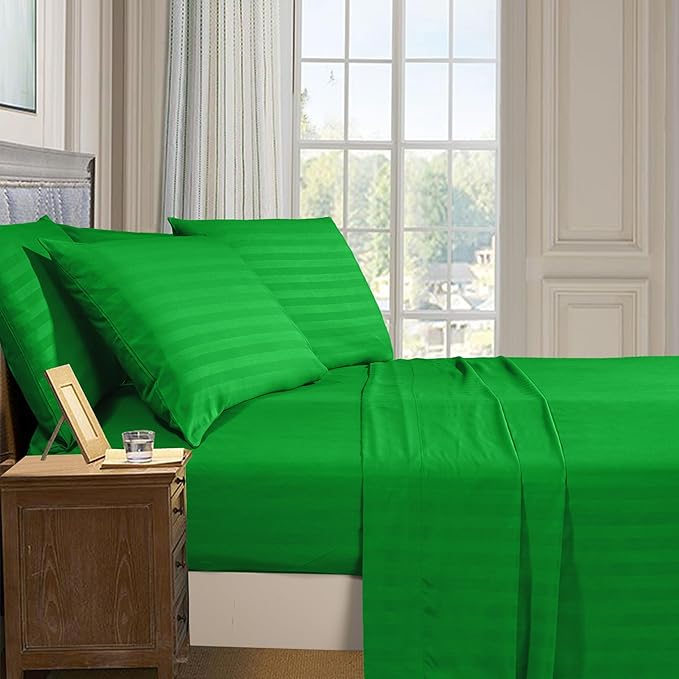 Elegant Comfort Softest and Coziest 6-Piece Sheet Set - 1500 Premium Hotel Quality Microfiber - Deep Pocket, Wrinkle Resistant 6-Piece Damask Stripe Bed Sheet Set, Queen, Emerald Gren