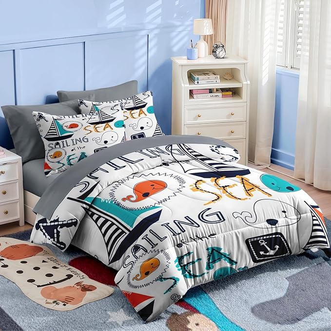 Nesker 7 Pcs Comforter Set Queen Size, Cute Nautical Sailboat Boat Bedding for Kids Teen, Sea Whale with Fitted Sheet 2 Pillowcases & 2 Shams for Bedroom Bed Decor