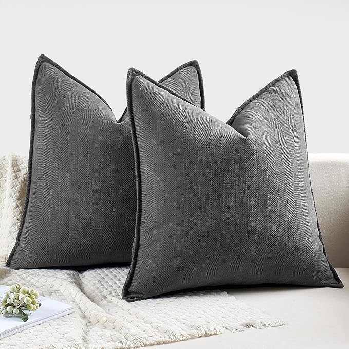 MIULEE Pack of 2 Dark Grey Decorative Pillow Covers 16x16 Inch Soft Chenille Luxurious Couch Throw Pillows Farmhouse Cushion Covers with Elegant Design for Sofa Bedroom Living Room Home Decor