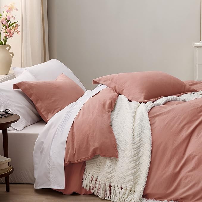 Bedsure Pink Clay Duvet Cover Full Size - 3 Pieces Prewashed Extra Soft Cotton-Like Polyester Bedding Set, Includes 1 Duvet Cover 80x90 Inches with Zipper Closure & 2 Pillow Shams, No Comforter