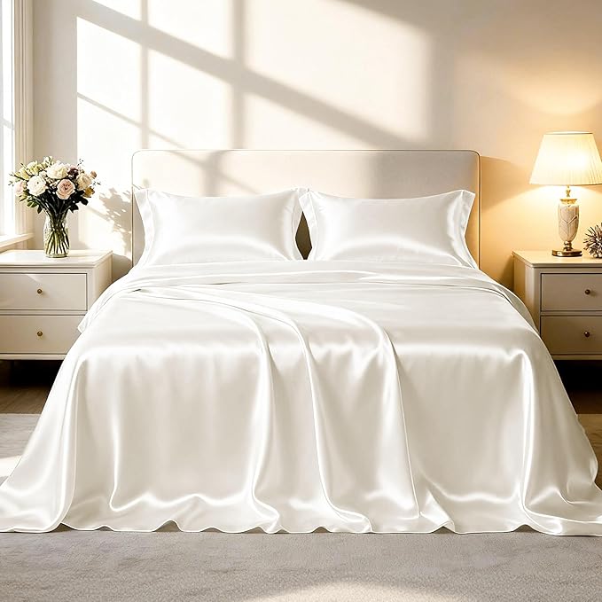 Love's cabin Twin XL Satin Sheet Sets - 3 Piece Ivory Silky Bed Sheets with Deep Pockets, Luxury Silk Feel Satin Sheet Set Twin XL (1 Flat Sheet,1 Fitted Sheet,1 Pillow case)