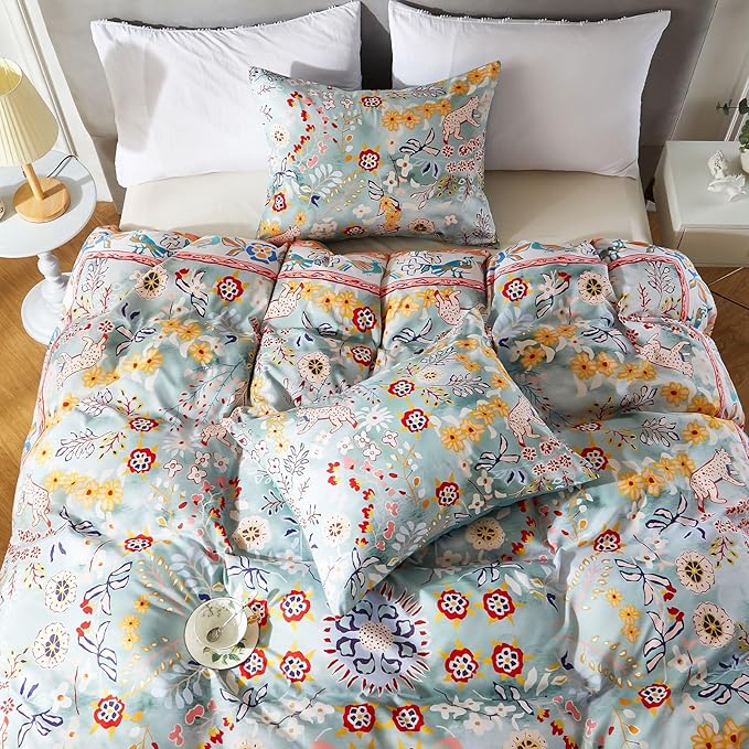 Cupocupa Duvet Cover Queen Size Set Boho Floral Pattern Queen Christmas Duvet Cover Set for Queen Size Bed Vintage Soft Bedding Leaf Print Duvet Cover with Pillowcases