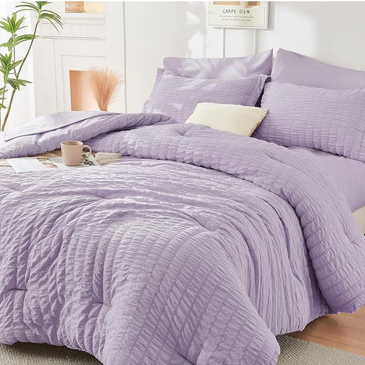 HYMOKEGE Lavender California King Comforter Set Seersucker 7 Pieces, All Season Luxury Bed in a Bag for Bedroom, Bedding Set with Comforters, Sheets, Pillowcases & Shams