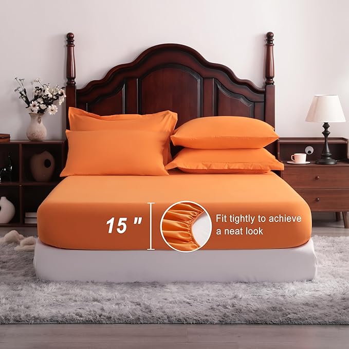 NTBAY King Comforter Set with Sheets, 7 Pieces Soft and Breathable King Bedding Set, Bed in a Bag, Down Alternative Comforter Set Solid Color All Season, Orange