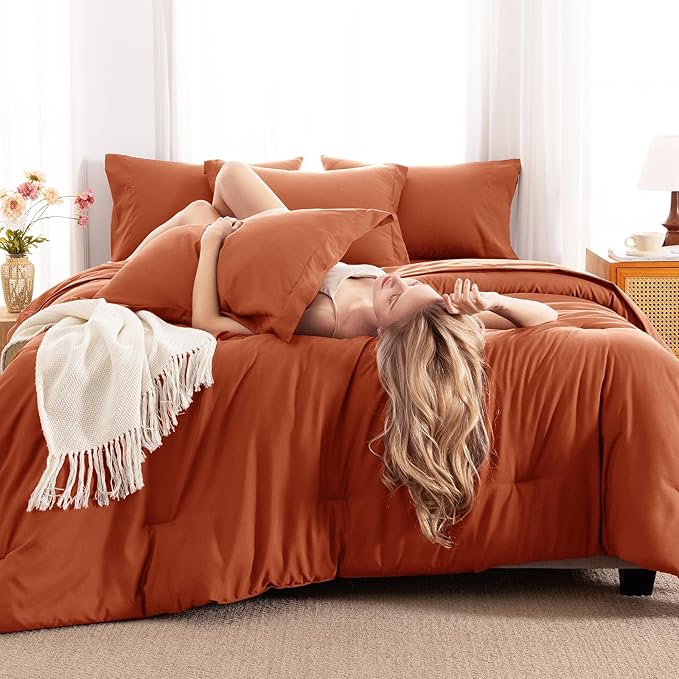 CozyLux King Comforter Set Burnt Orange, 7 Pieces Bed in a Bag Terracotta Comforter Set with Sheets, All Season Boho 7PC Bed Sets with Comforter, Fitted Sheet, Flat Sheet, Pillow Shams and Pillowcases