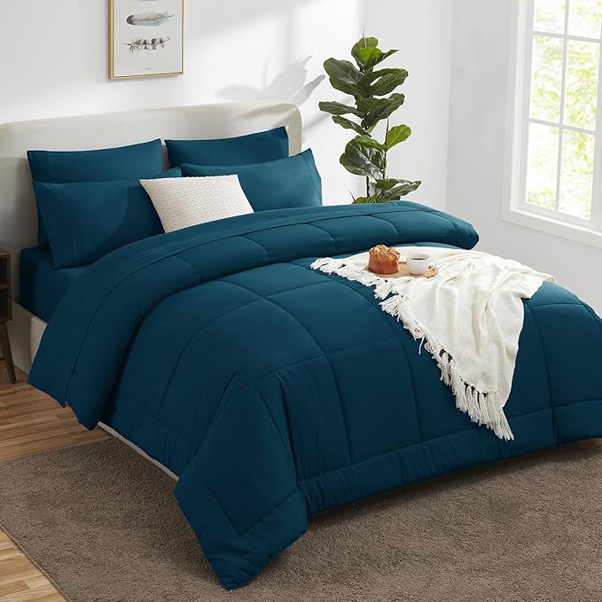 CozyLux Queen Size Comforter Sets Lyons Blue, 7 Pieces Bed in a Bag, Blue Comforter Queen Size, All Season Bedding Sets with Stitch Quilted Comforter, Flat Sheet, Fitted Sheet, Pillowcases