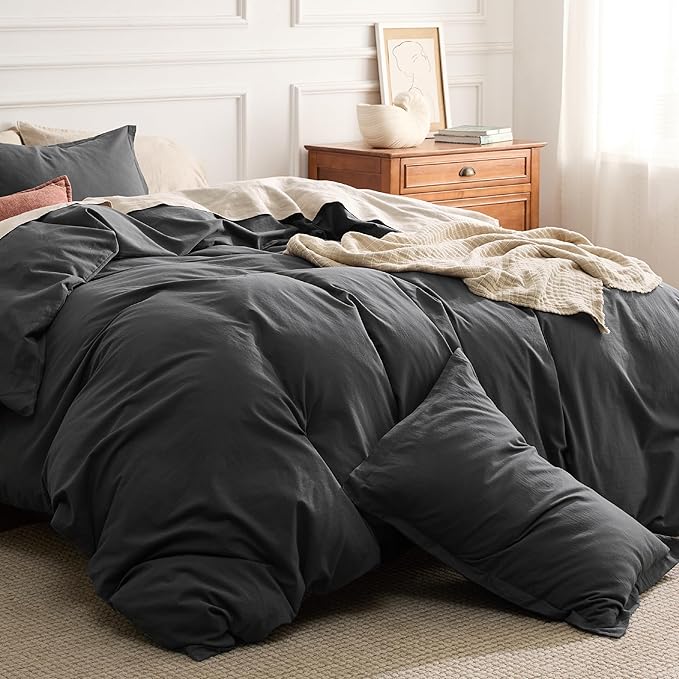 Bedsure 100% Washed Cotton Duvet Cover King - Charcoal Minimalist Cotton Duvet Cover Linen Like for All Seasons - GentleSoft™ Plain Simple Bedding (Charcoal, King, 104"x90")