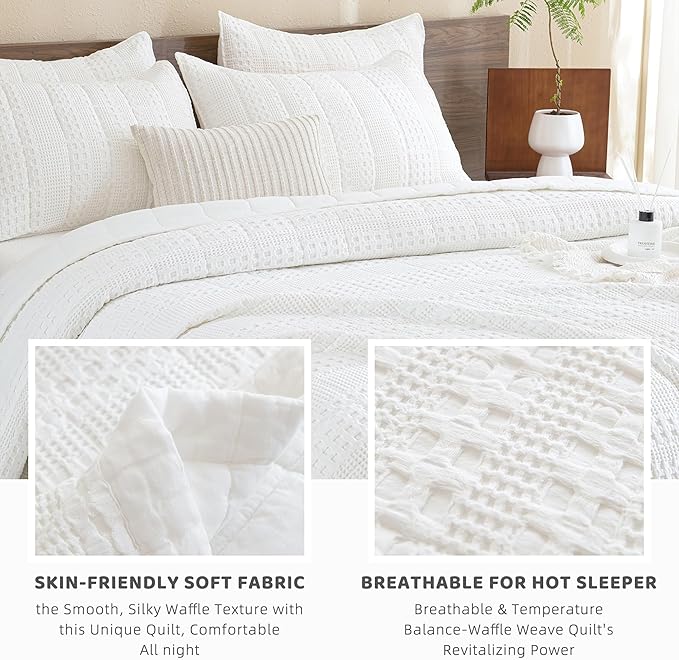Sanracie Cotton Oversized King Bedspread(128"x120"),White Waffle Quilt Set 3Pcs Soft Lightweight Extra Large King Quilt Bedding Set,Farmhouse Coverlet Quilt Set Shabby Vintage Chic Bedding Set