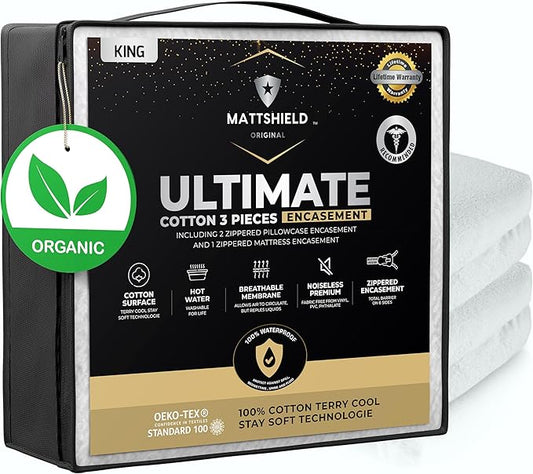 MATTSHIELD Ultimate Sensitive Skin 3-Piece Kit – King Size Bed Bug Mattress Protector + 2 Queen Zippered Pillow Covers – Organic Cotton Terry Top – Waterproof 6-Sided Encasement, Soft & Breathable