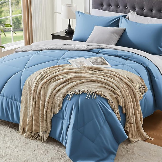 BEDELITE Twin Comforter Set 5 Pieces Bed in A Bag - Soft Microfiber Reversible Blue Bed Set with Comforters, Sheets, Pillowcase & Sham, Cozy Luxury Bedding Sets for All Season