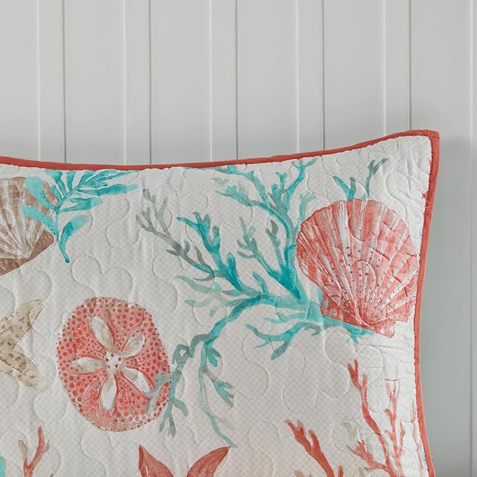Madison Park Quilt Set Cottage Coastal Design, Starfish Print - All Season, Coverlet Bedspread Lightweight Bedding Layer, Shams, Toss Pillows, Full/Queen(90"x90"), Pebble Beach Coral 6 Piece