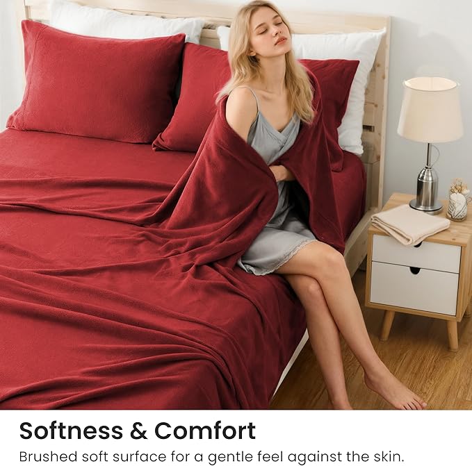 Love's cabin Fleece Twin Sheet Set - 3 Pcs Red Super Soft Plush Polar Fleece Bed Sheets Set with 16" Deep Pocket,Cozy Warmth for Cold Season(1 Flat Sheet,1 Fitted Sheet,1 Pillow Case)