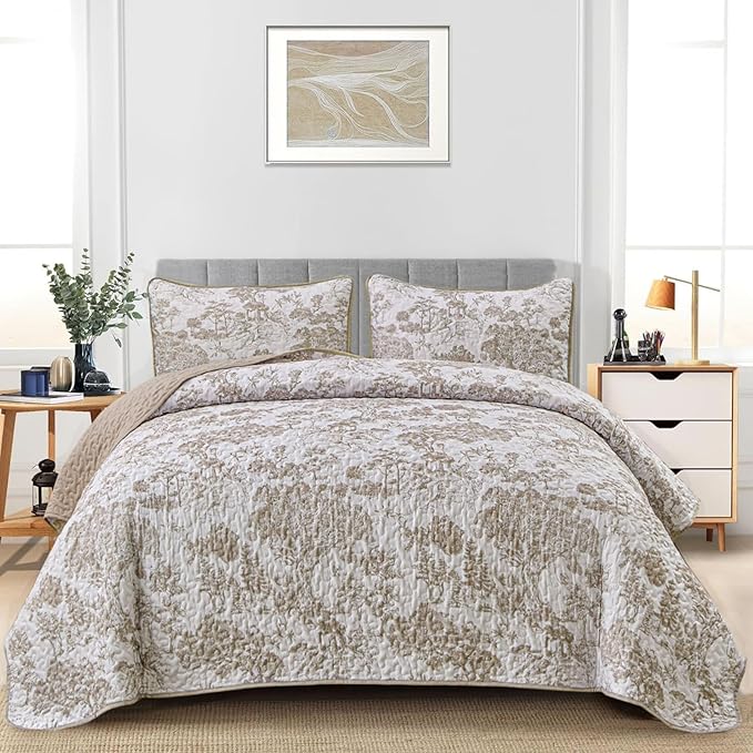 WONGS BEDDING Botanical Quilt Set California King Size, Khaki 3 Pieces Toile Floral Plants Printed Bedspread Bedding Set Soft Lightweight Microfiber Coverlet Set for All Season (112"×96")