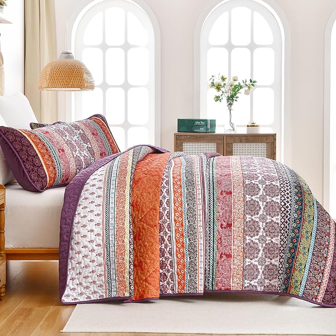 WONGS BEDDING Boho Quilt Set King Size, Purple 3 Pieces Bohemian Striped Patchwork Bedspread Coverlet, Lightweight Soft Microfiber Bedding Set for All Season (104"x90")