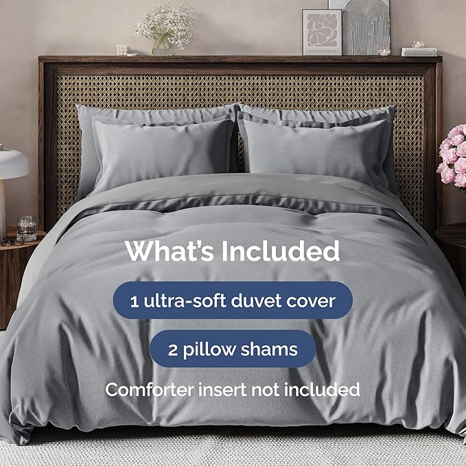Duvet Cover King Size - Extra Soft King Size Duvet Cover - Lightweight, Breathable, Easy Care & Fade Free w/ Zipper Closures & Ties - 104" x 90" Inches - (Heathered Grey) Comforter Not Included