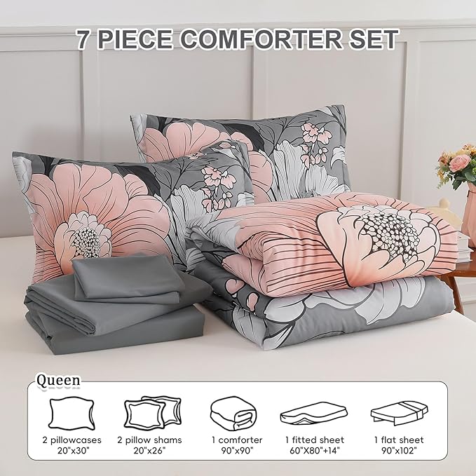Xruibed Queen Comforter Set 7 Pieces Grey Floral Comforter Set Queen Size Bed in a Bag Flower Bedding Sets Lightweight Boho Bed Set with Sheet,Pillowcases&Shams for All Season