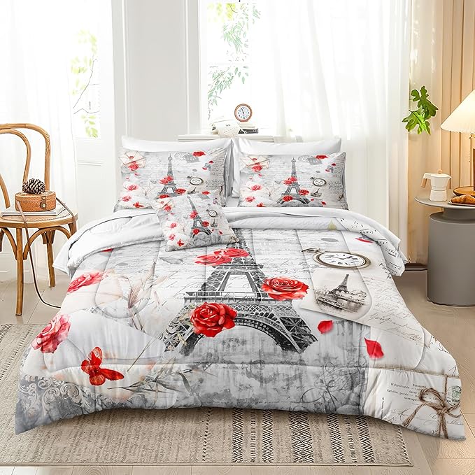 Bedbay Eiffel Tower Comforter Set King Size French Style Bedding Romantic Paris Retro Letter Rose Flowers Printed Paris Room Decor 4-Piece Soft Microfiber Girls Women Quilt Set (Red, King)