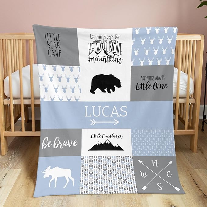 Personalized Baby Blanket, Woodland Baby Blankets for Boys, Super Soft Nursery Blankets with Cotton Front and Dotted Fleece Backing, Printed Bed Throws Newborn, Ashley Blue