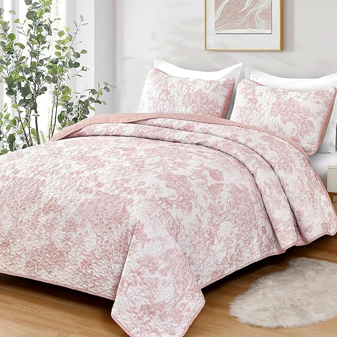 WONGS BEDDING Quilt Set King Size, 3 Pieces Pink Floral Plants Printed Bedspread Coverlet Set Soft Lightweight Microfiber Botanical Bedding Set for All Season (104"x90")