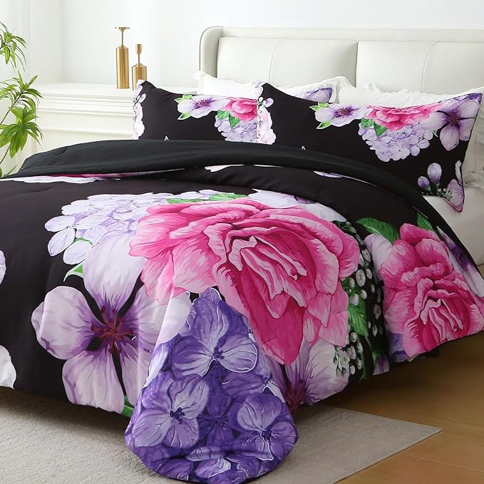 Floral Comforter Set Queen Size, 3 Pieces Elegant Black Floral Bed in a Bag, Soft Microfiber Botanical Flower Bedding Set with 2 Pillowcases for All Season 90"×90"