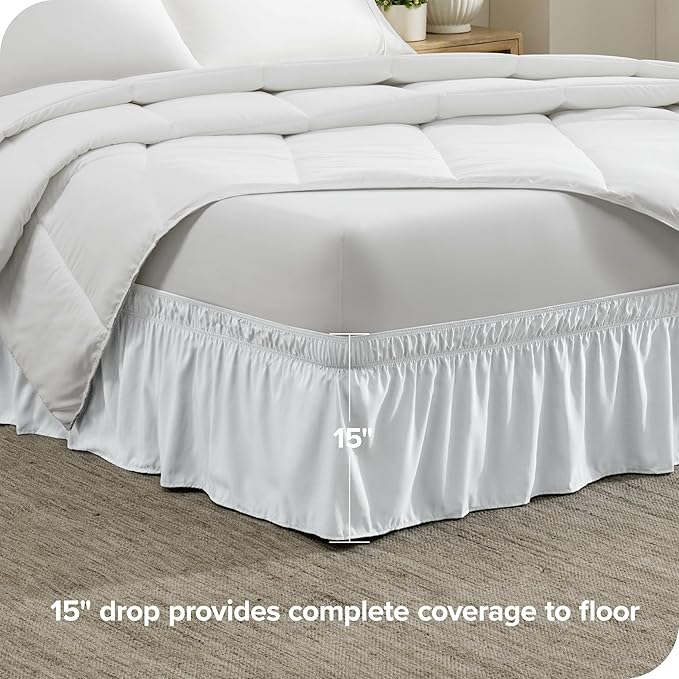 Bare Home Wrap Around Bed Skirt - for Cal King Size Beds with 15 inch Tailored Drop - Easy Fit Elastic Strap - Adjustable and Ruffled Style - Wrinkle, Fade, and Stain Free (Cal King, White)