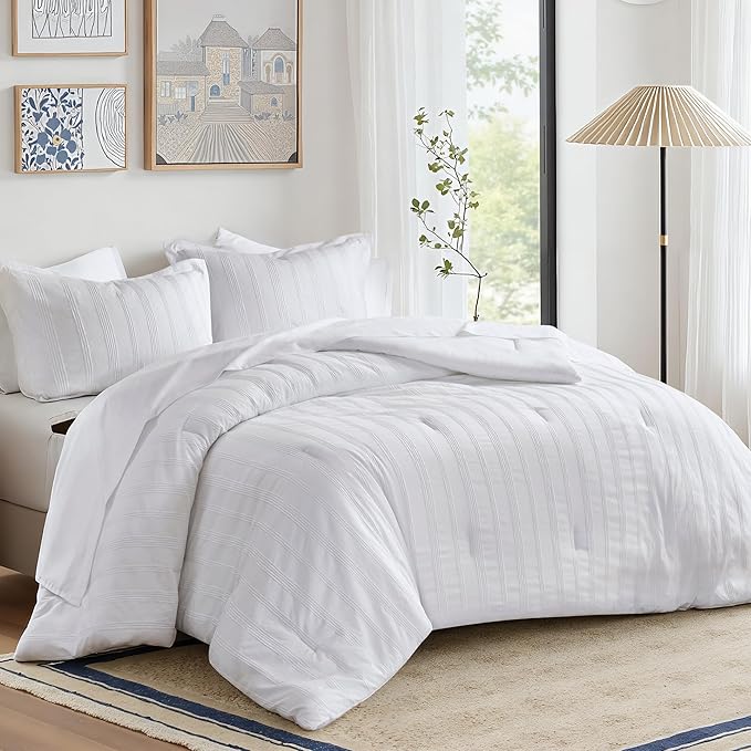 Madison Park Essentials Striped Comforter Set Cal King, 7 Pieces Modern Minimalist Jacquard Bedding Set for All Season, Bed in A Bag with Sheet Set and Soft Brushed Reverse, Lightweight White