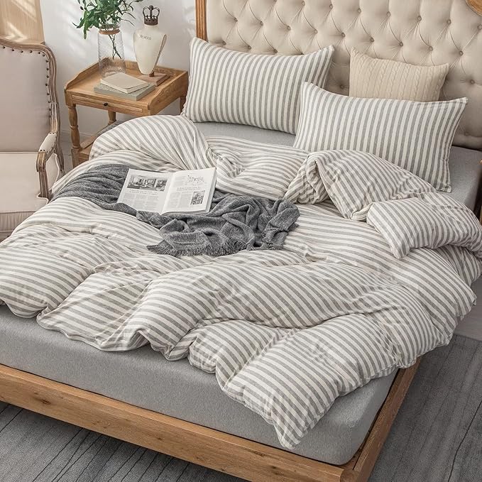 PURE ERA Jersey Knit 2pc Duvet Cover Set 100% T-Shirt Heather Cotton Super Soft Comfy Classic Striped Design, with Zipper Closure, Grey & White Stripe, Twin